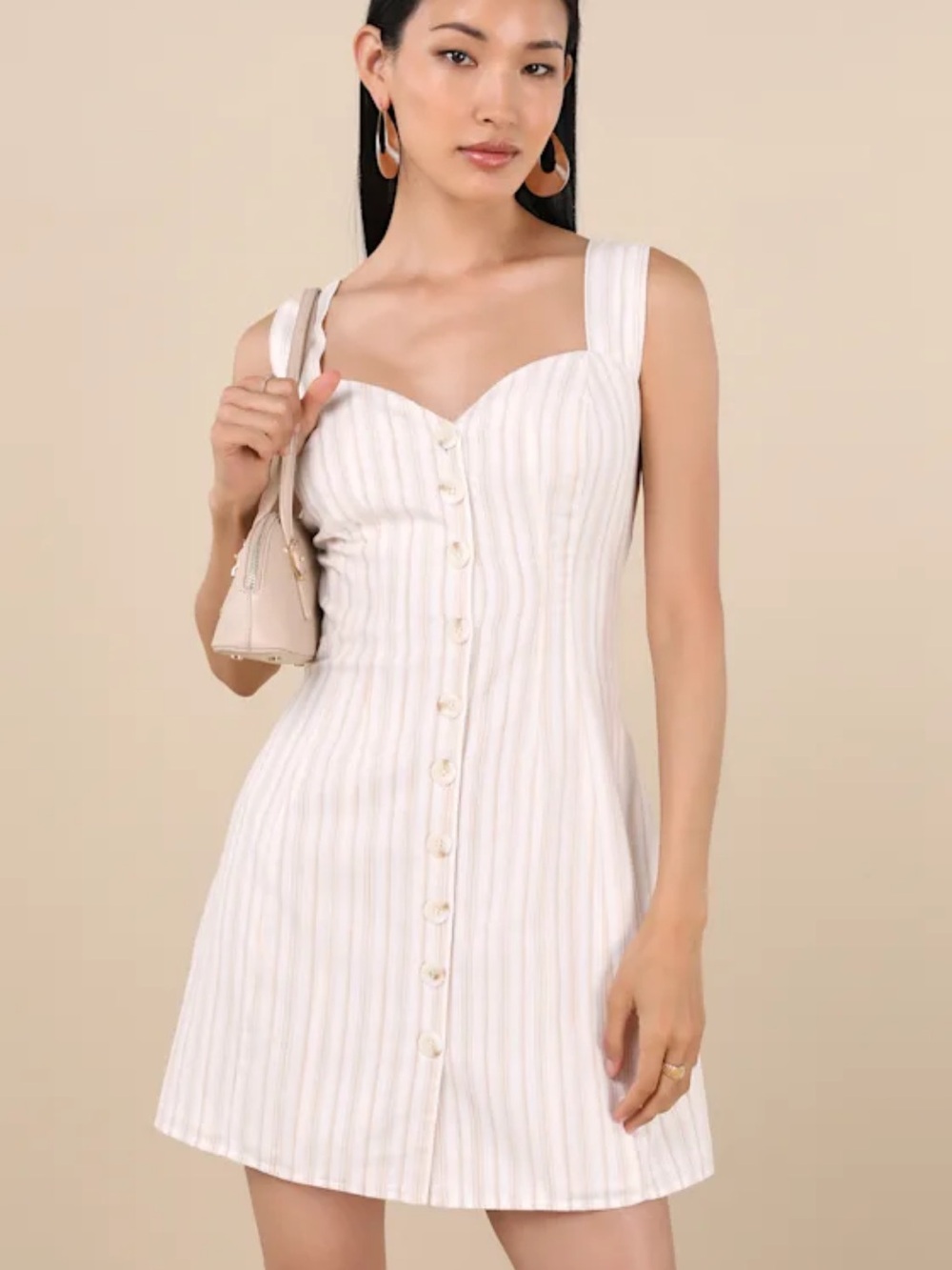 Lulu’s Ivory and Beige Striped Button Front Mini Dress Medium